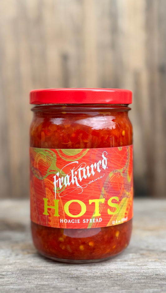 Fraktured Hoagie HOTS. Sandwich spread for hoagies, cheesesteaks made with aged jalapeno and sweet peppers.