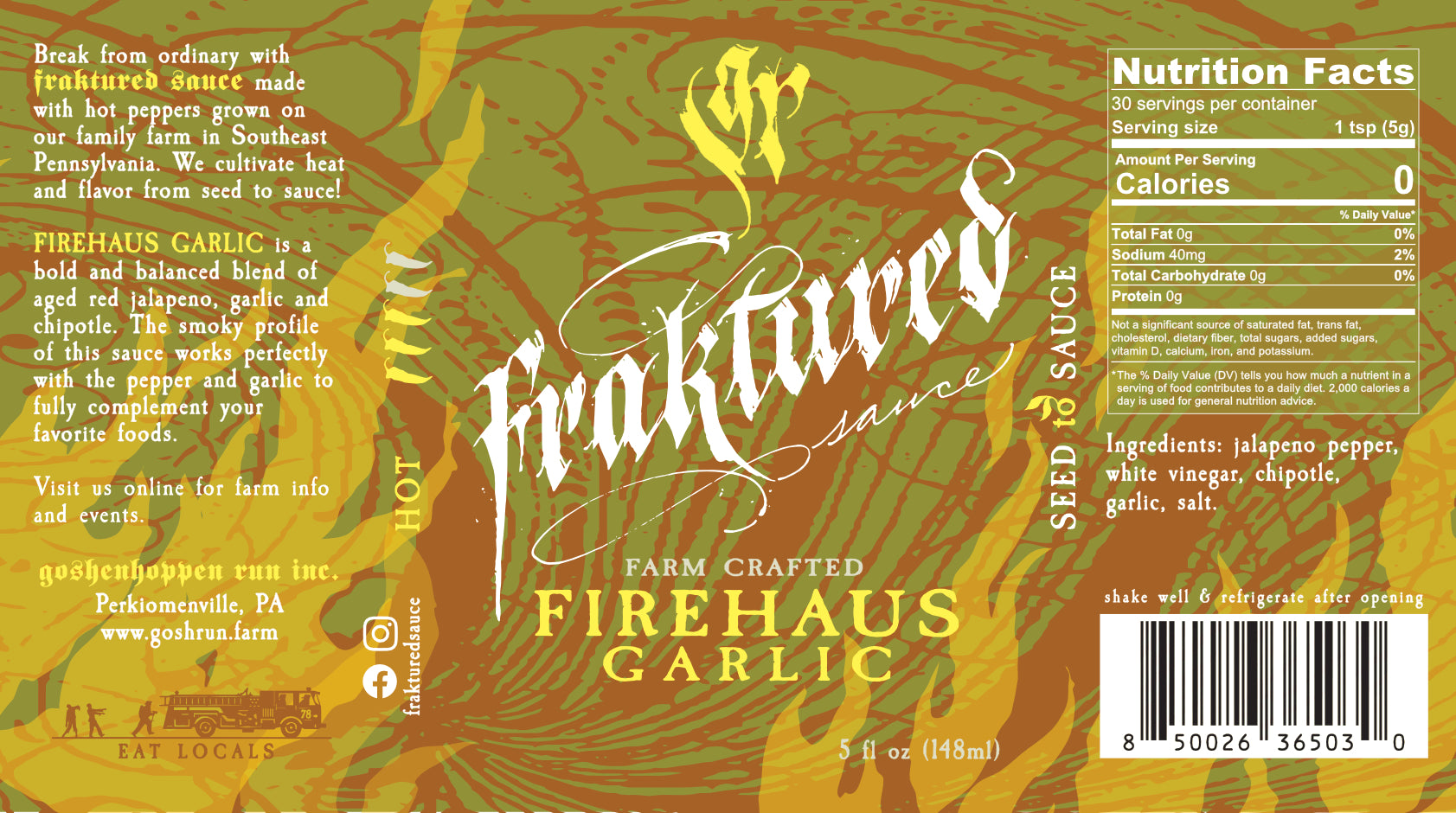 FireHaus Garlic hot sauce label graphic with pepper and garlic ingredients and nutrition facts