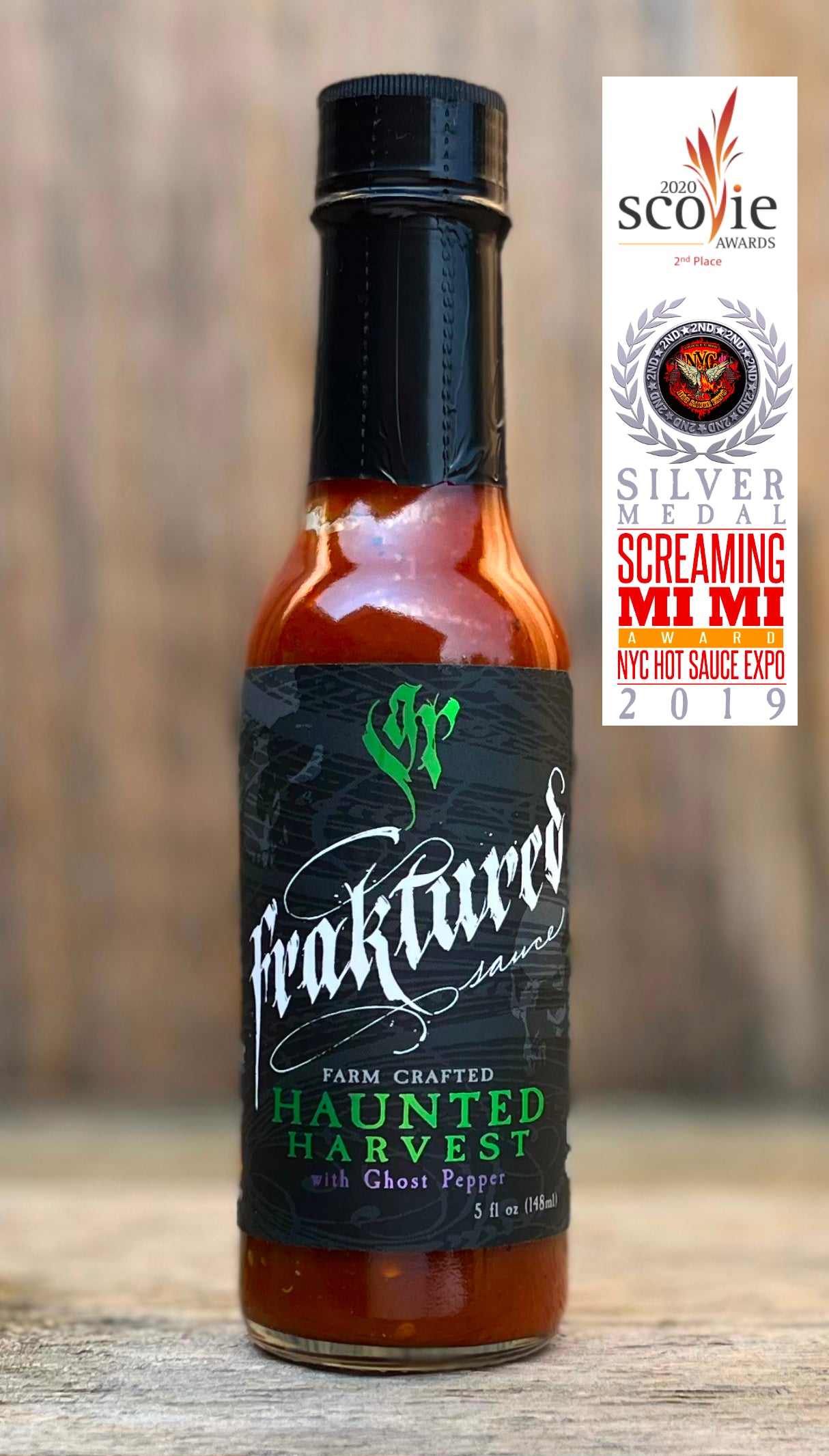 Fraktured Sauce Haunted Harvest with Ghost Pepper extra hot sauce with ghost peppers fermented and aged pepper mash garlic and chipotle