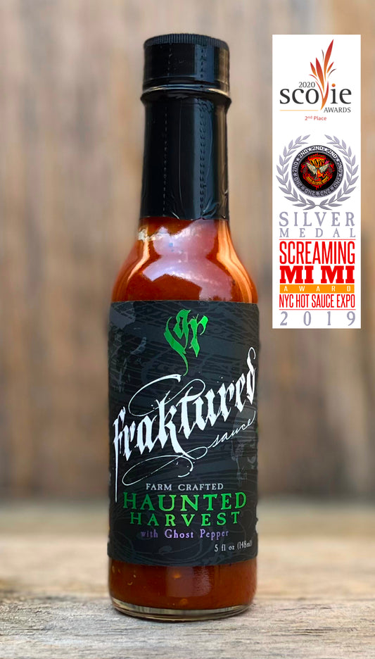 Fraktured Sauce Haunted Harvest with Ghost Pepper extra hot sauce with ghost peppers fermented and aged pepper mash garlic and chipotle