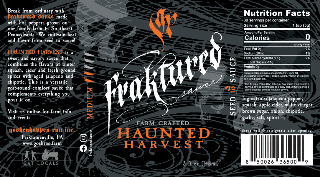 Haunted Harvest hot sauce label showing ingredients and nutrition facts from Fraktured Sauce