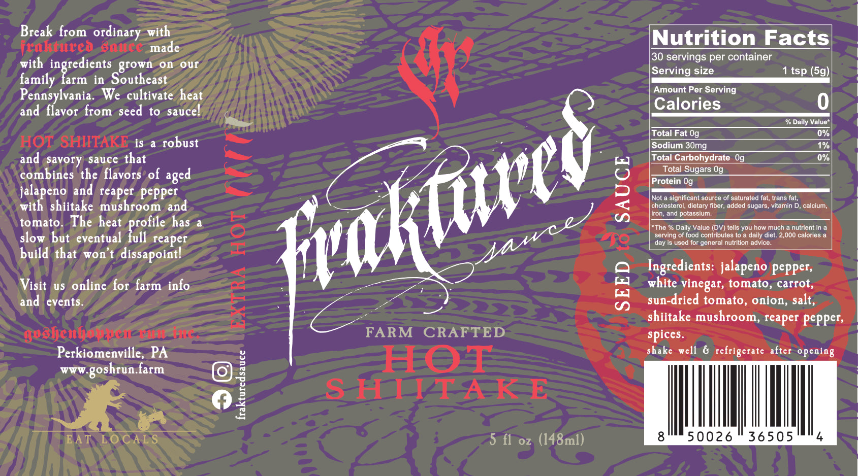 Hot Shiitake extra hot pepper sauce label image showing nutrition and ingredients