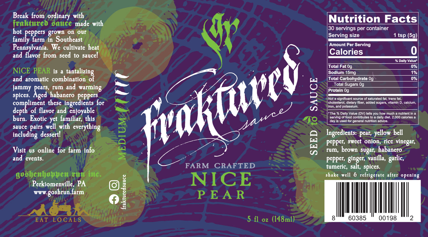 Nice Pear sweet and spicy hot sauce label with ingredients and nutrition information