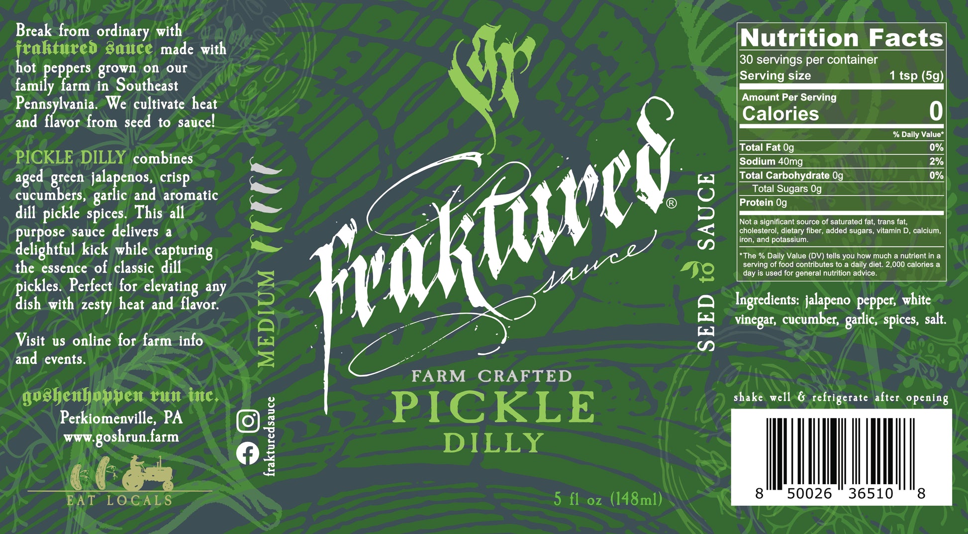 Pickle Dilly pepper hot sauce label showing dill-forward ingredients and nutritional info