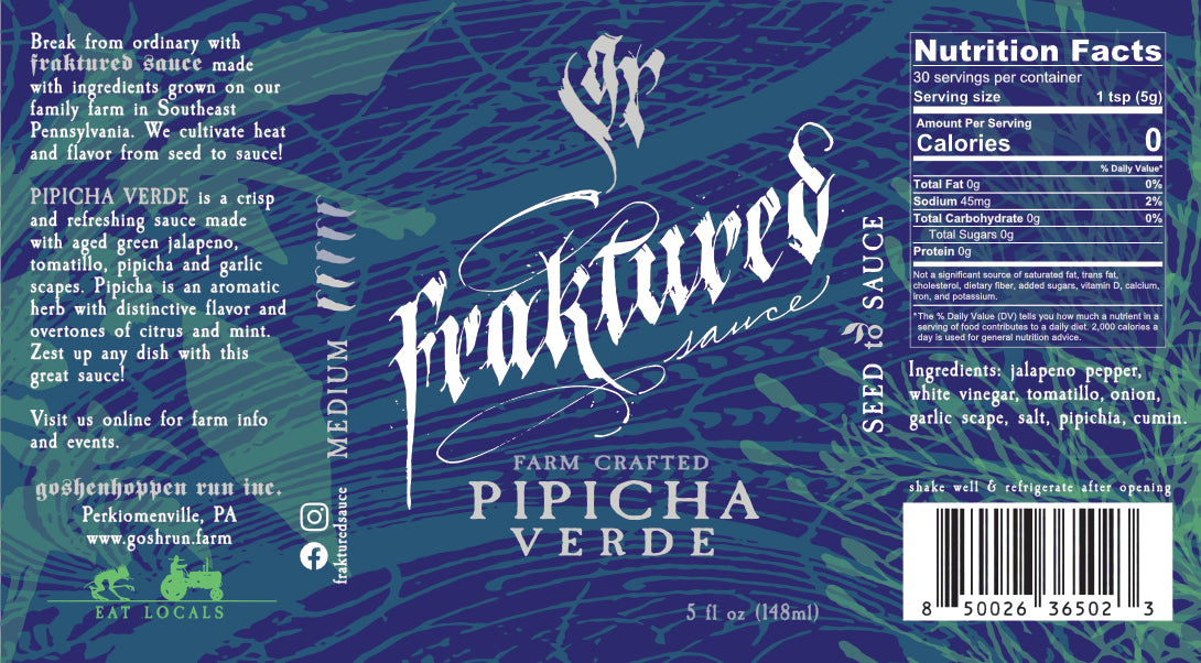 Pipicha Verde green pepper hot sauce label with ingredients and nutrition details