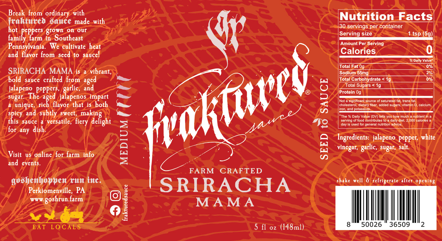 Sriracha Mama hot sauce label with fermented red pepper ingredients and nutrition panel