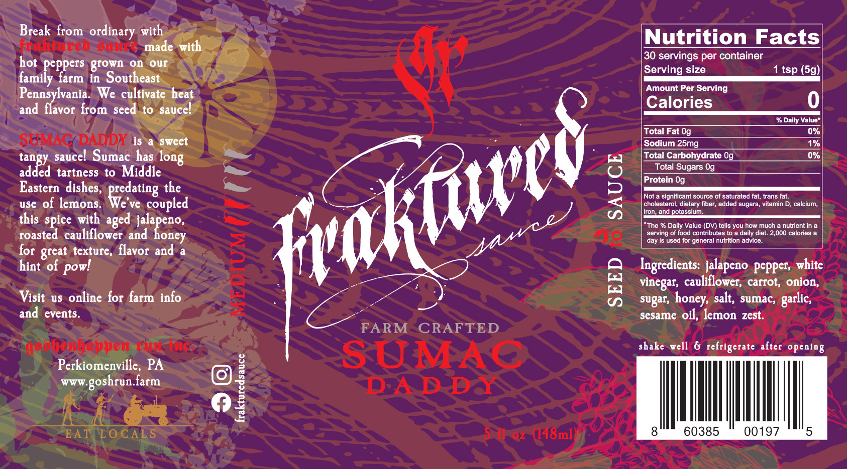 Sumac Daddy hot sauce label showing nutrition facts and full ingredient list