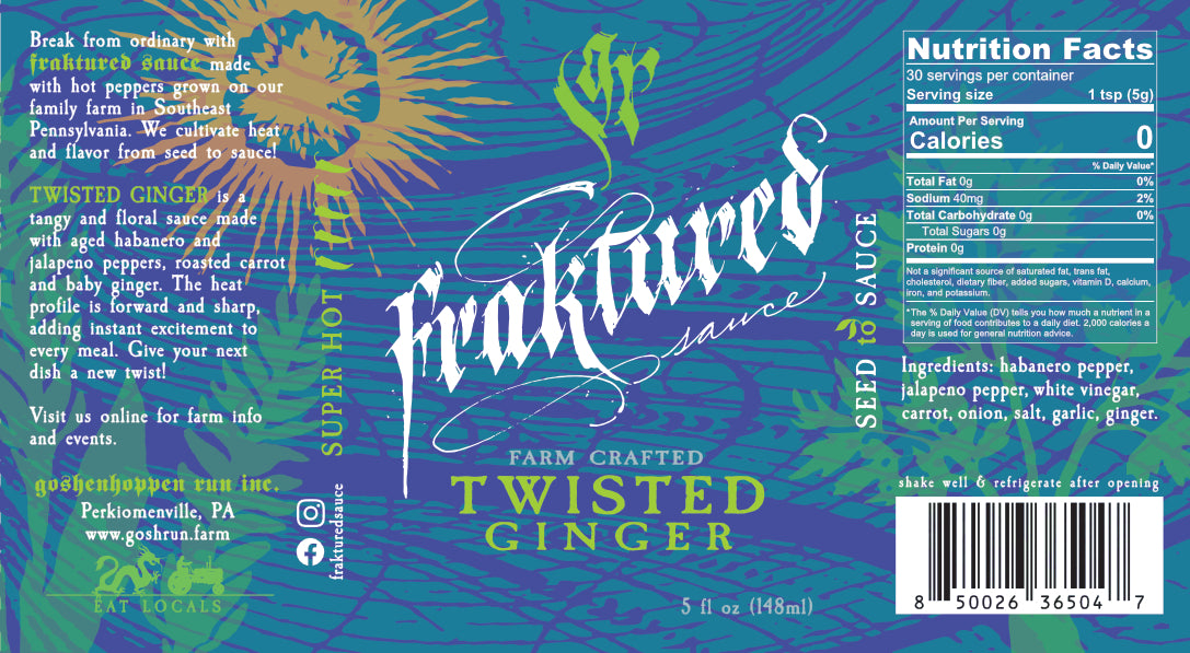 Twisted Ginger pepper sauce label showing ginger ingredients and full nutrition info
